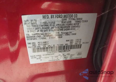 2006 Ford Five Hundred Se z USA, uszkodzony, nr VIN 1FAFP23156G180524